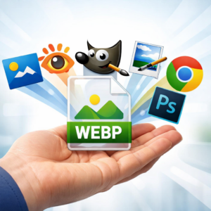 WEBP-файл и логотипы программ для просмотра и редактирования изображений на руке.